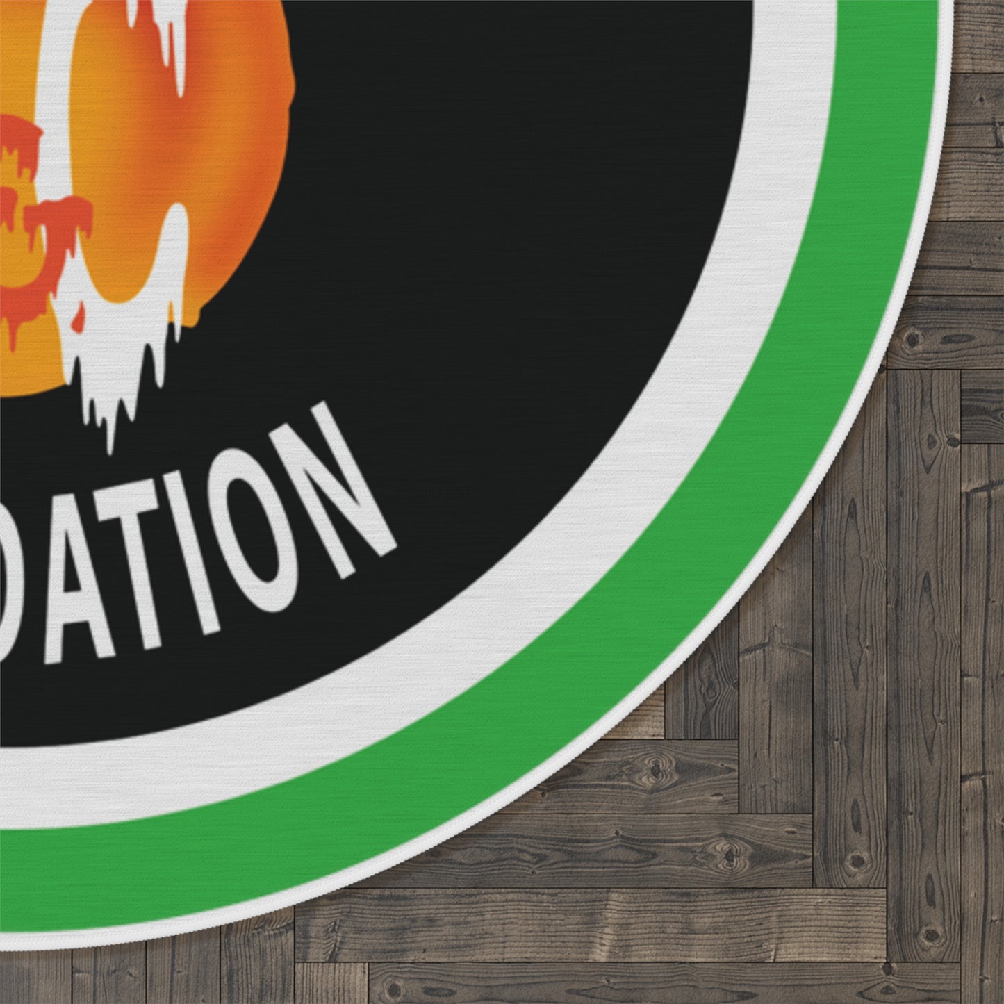 Green and White Outline Logo Peaches and Cream Round Rug